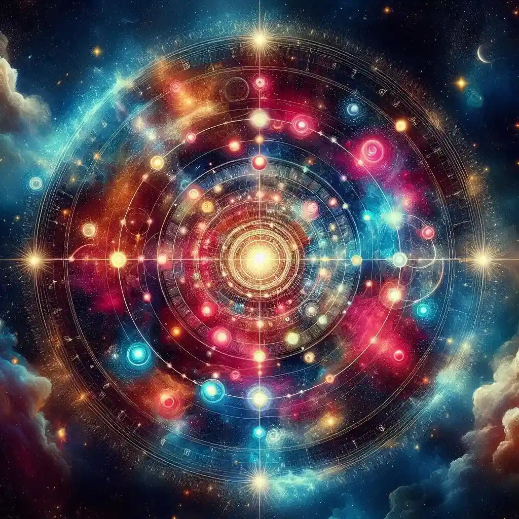 A complex, circular astronomical diagram with glowing spheres and stars in space.