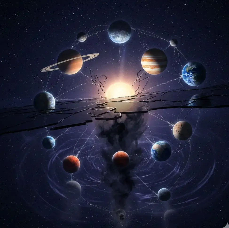Circular solar system artwork with celestial bodies and dark energy.