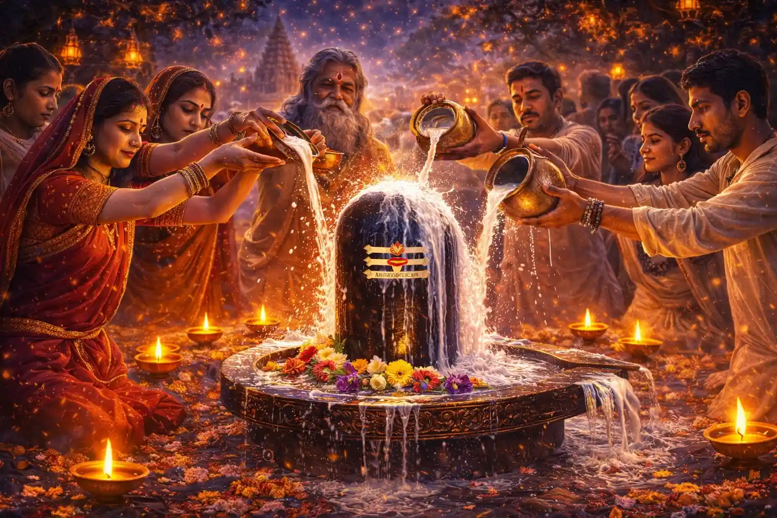 Devotees perform the sacred Abhishekam, pouring milk and water over the Shivling in a ritual of purification and devotion