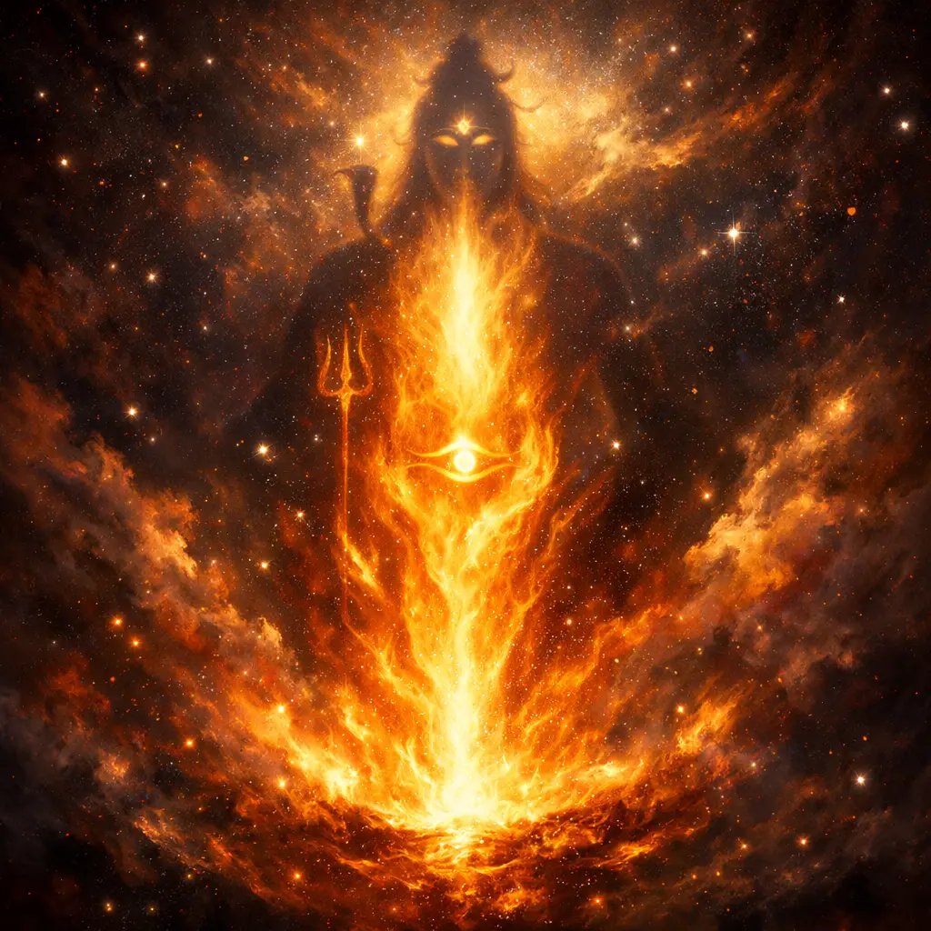 A cosmic vision of Lord Shiva rising as a fiery pillar, symbolizing the infinite and formless divine