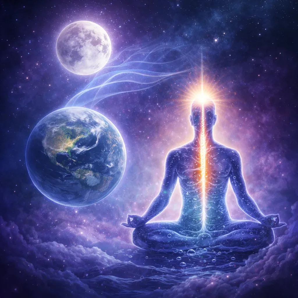 Celestial alignment on Maha Shivratri — a meditative soul uplifted by the lunar energy flowing between the moon, Earth, and the inner self.