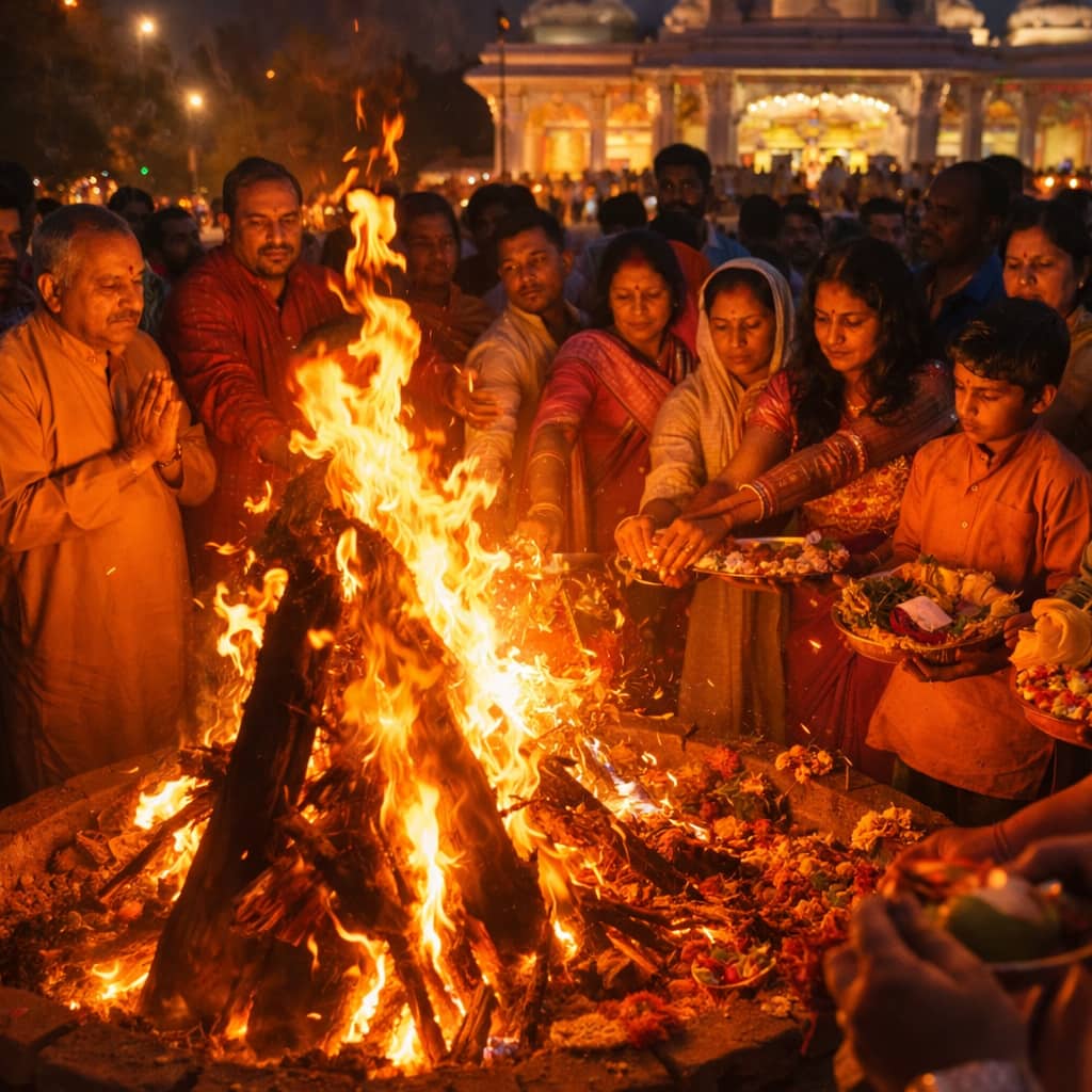 Devotees gather around the sacred Holika Dahan fire, offering prayers and releasing negativity in its warm, divine glow. 🔥🙏