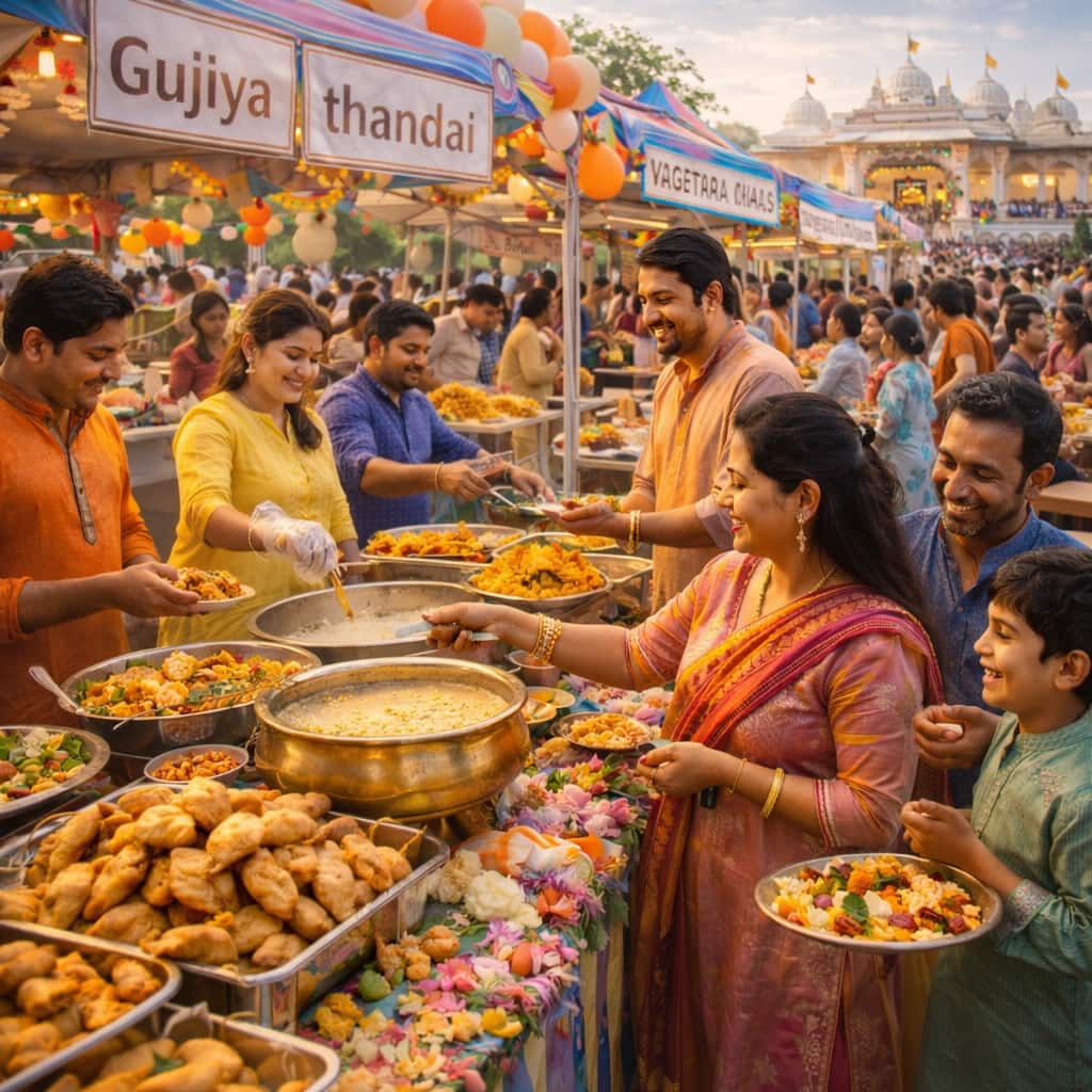 Families enjoy authentic Holi delicacies and mahaprasad at festive food stalls during the vibrant celebration at Radha Krishna Temple Dallas.