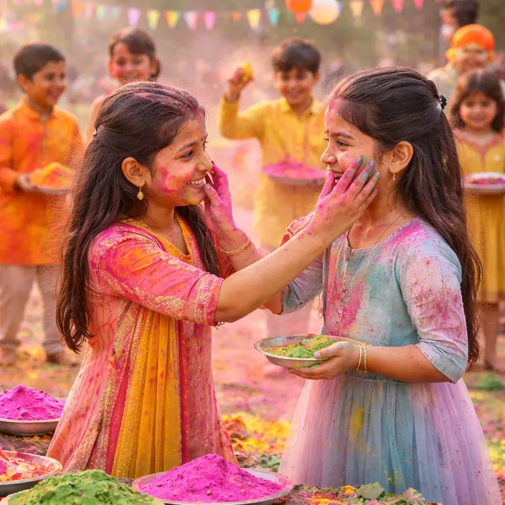 Children joyfully play with colors in a safe, designated area, celebrating Holi with laughter and gentle fun.