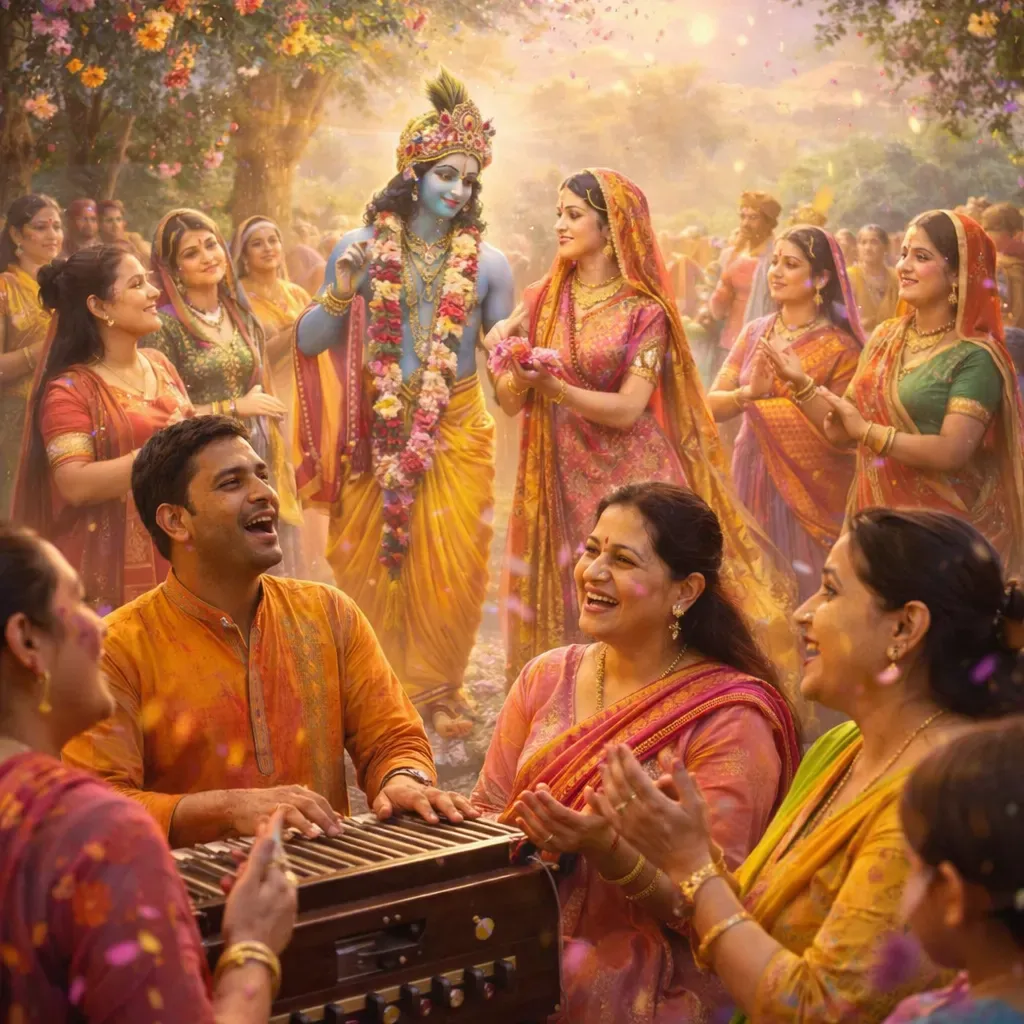 Devotees sing joyful bhajans celebrating Krishna’s playful leelas, expressing divine love that unites all hearts.