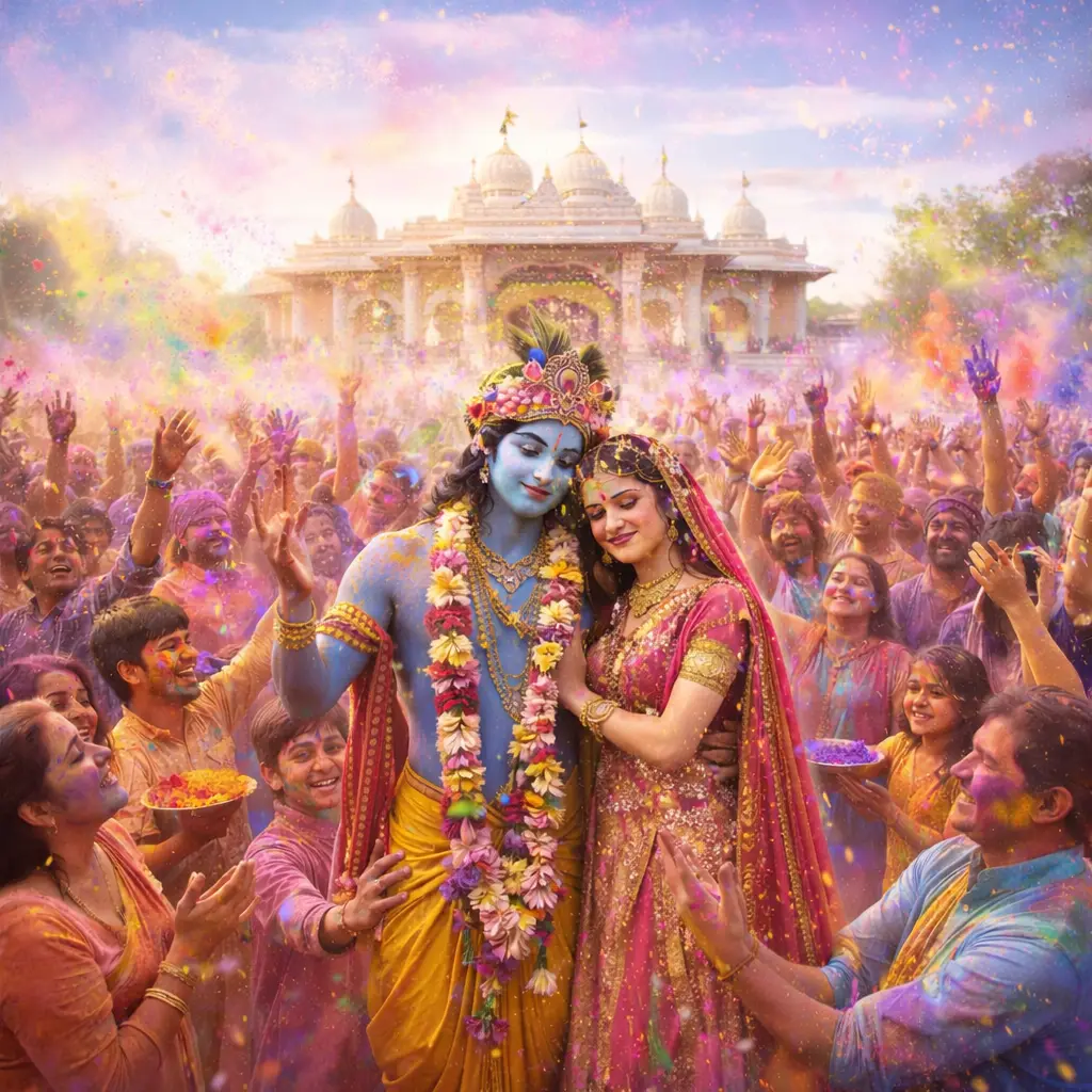 Welcoming Spring with vibrant colors and devotion at Radha Krishna Temple Holi 2026.
