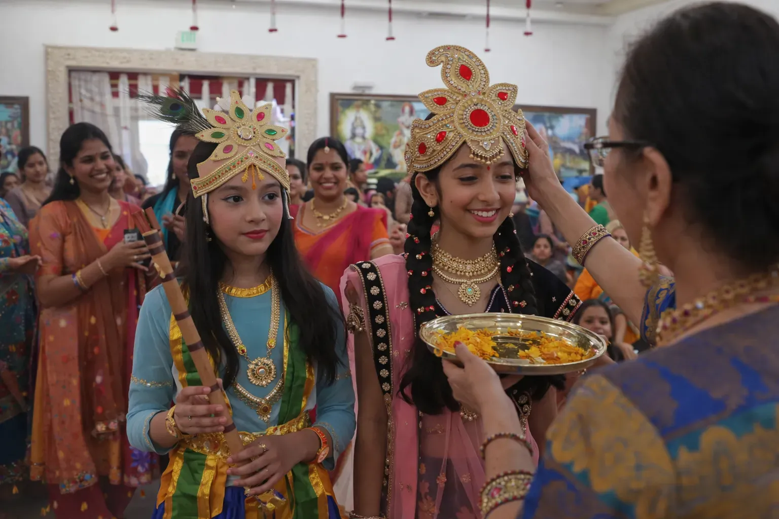 Young devotees dressed as Radha and Krishna participate in a joyful divine play at the temple celebration.