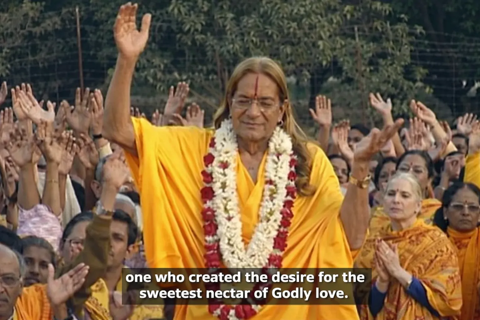 Rapid Purification of the HeartA sacred moment of divine connection — Maharaj Ji stands in serene grace, hand raised in blessing, as devotees unite in devotion, hearts uplifted in the nectar of Godly love.