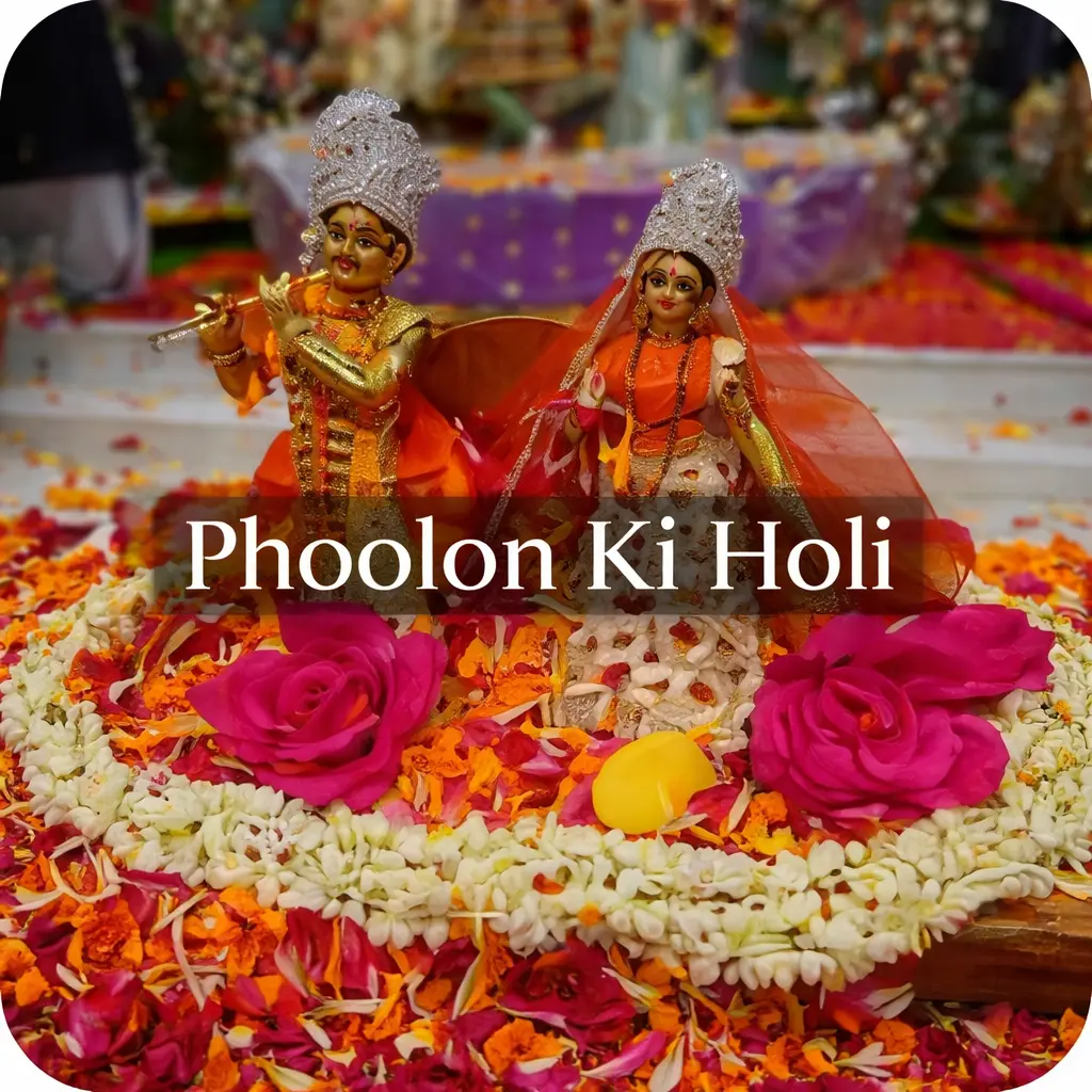 Phoolon Ki Holi 🌸✨ Where Radha-Krishna are showered in blossoms, and every petal becomes an offering of love and devotion.