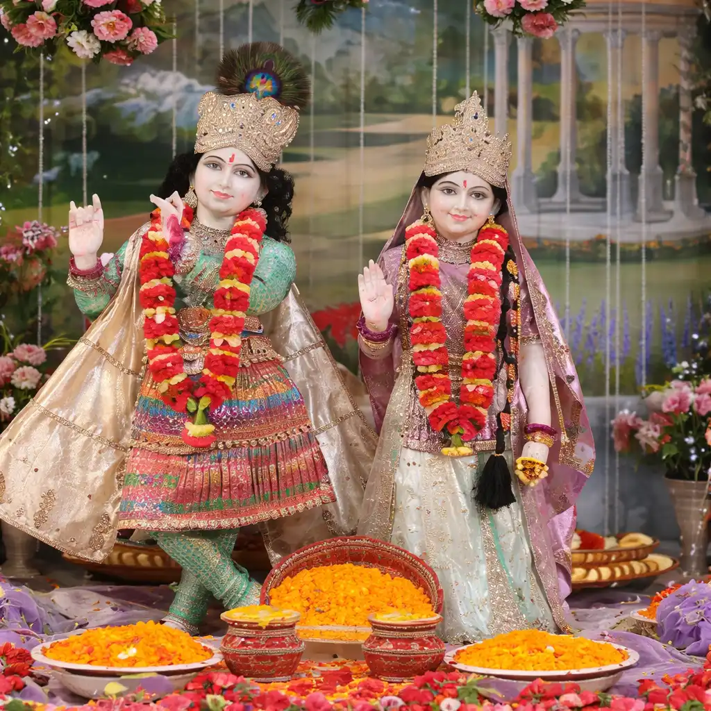 Divine elegance of Radha-Krishna ✨🌸 Adorned in vibrant garlands and surrounded by blossoms, they shower grace, beauty, and boundless love upon every heart.
