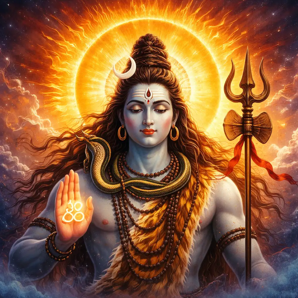 Lord Shiva illuminated by the radiant energy of Surya, symbolizing the divine union of transformation and vitality on Ravi Pradosh. 