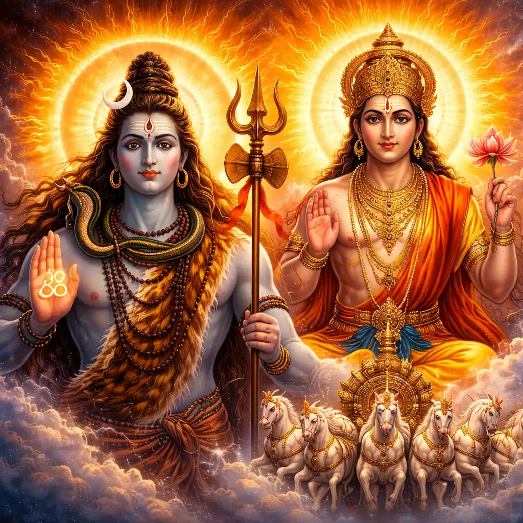 Lord Shiva and Surya Dev together, symbolizing the divine fusion of spiritual transformation and radiant solar energy on Ravi Pradosh. 🌞🕉️