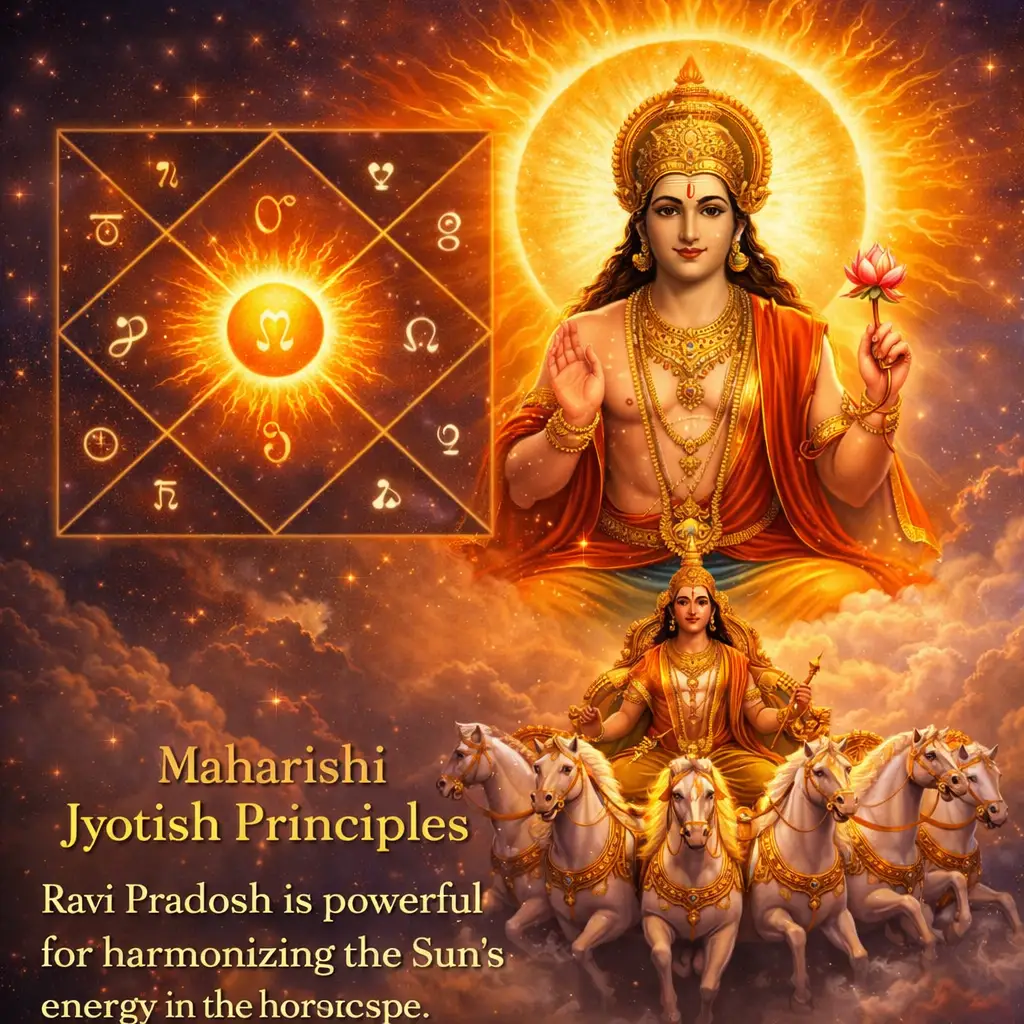 Ravi Pradosh strengthens solar energy, aligning destiny through the divine principles of Maharishi Jyotish and the blessings of Surya Dev. 🌞✨