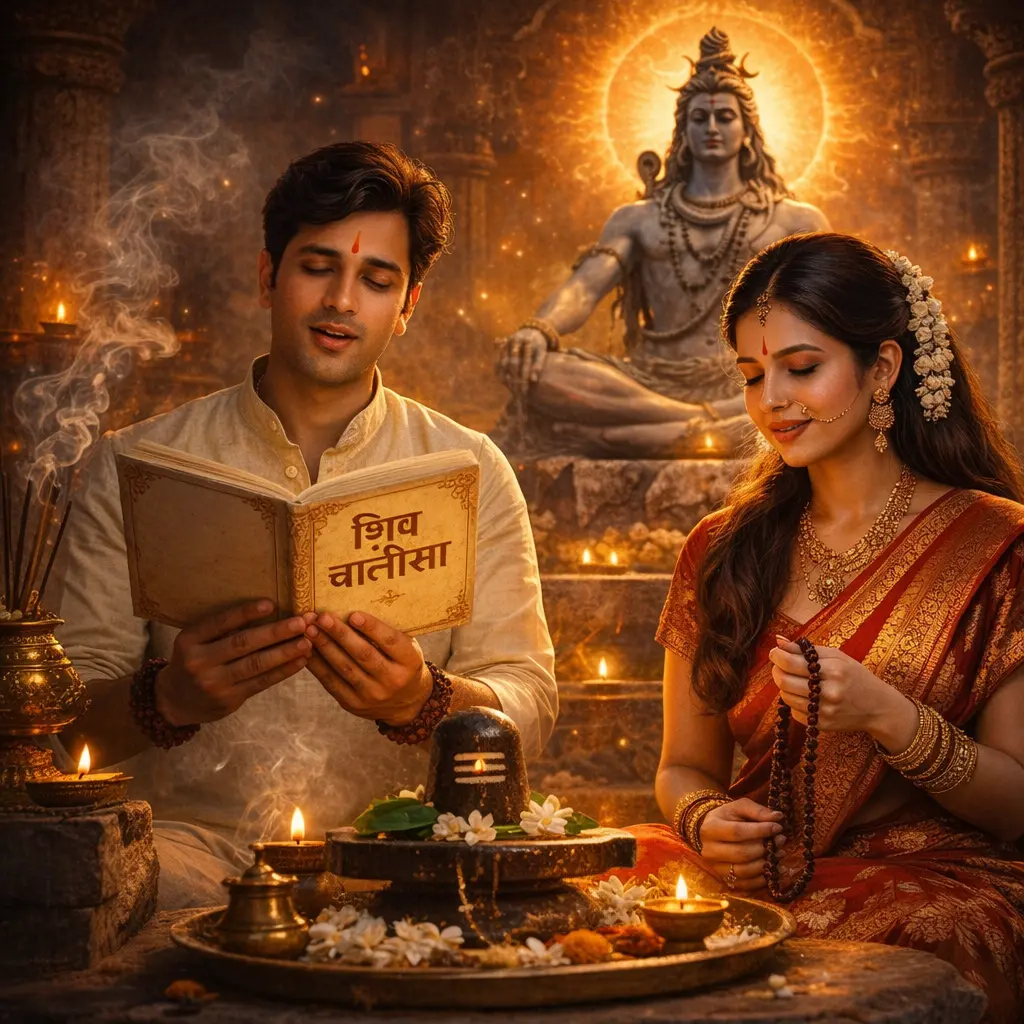Devotees reciting Shiva Chalisa during Ravi Pradosh, invoking Lord Shiva’s divine grace for protection, peace, and spiritual upliftment. 🕉️📖✨