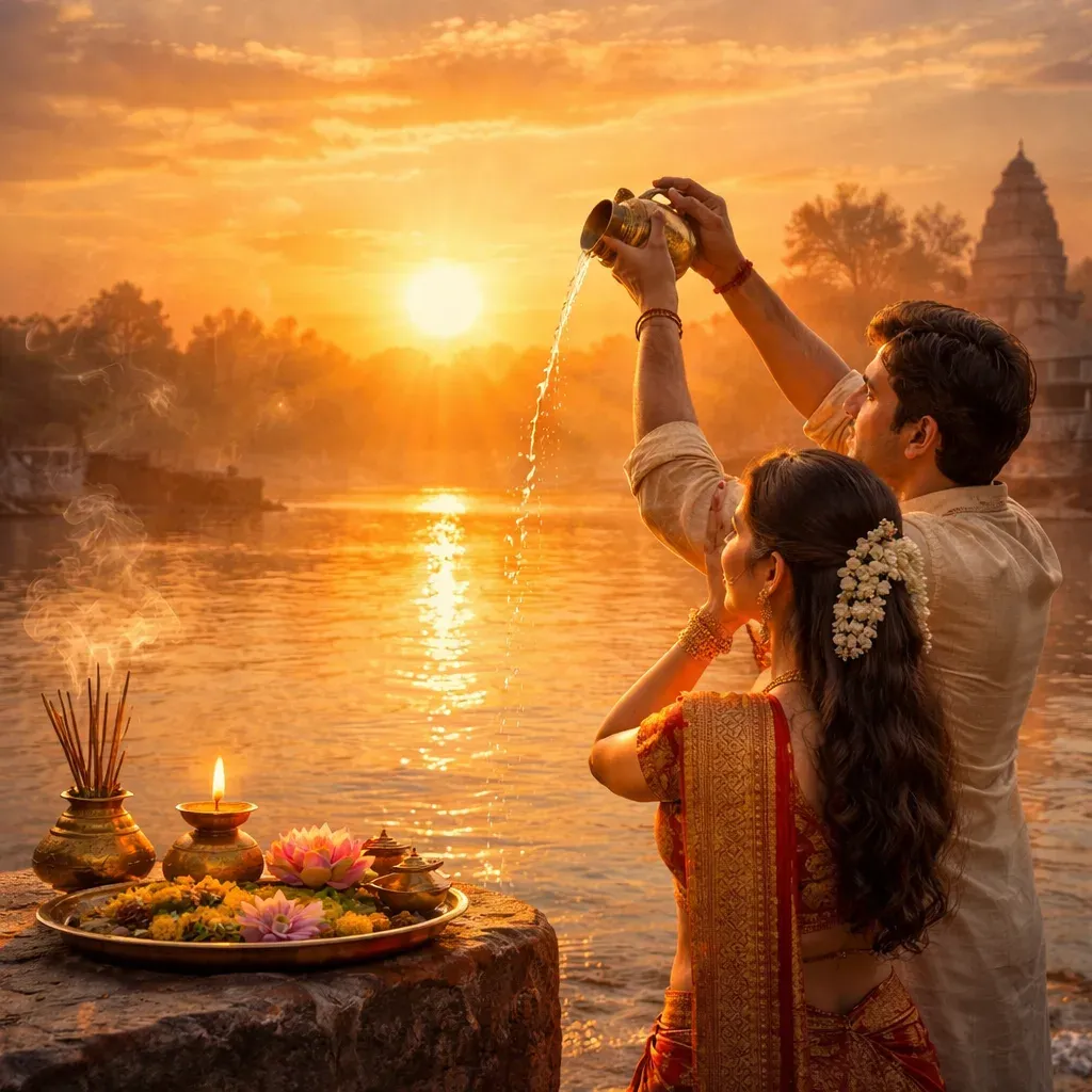 Offering Arghya to the rising Sun on Sunday morning, seeking blessings of Surya Dev for health, strength, and positive energy. 🌅🙏