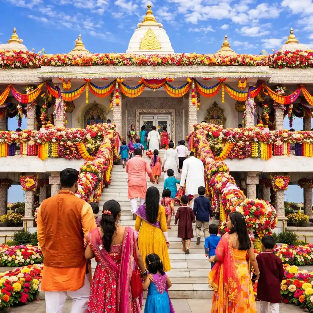 Families arriving in festive attire at Radha Krishna Temple to celebrate Phoolon Ki Holi 🌸