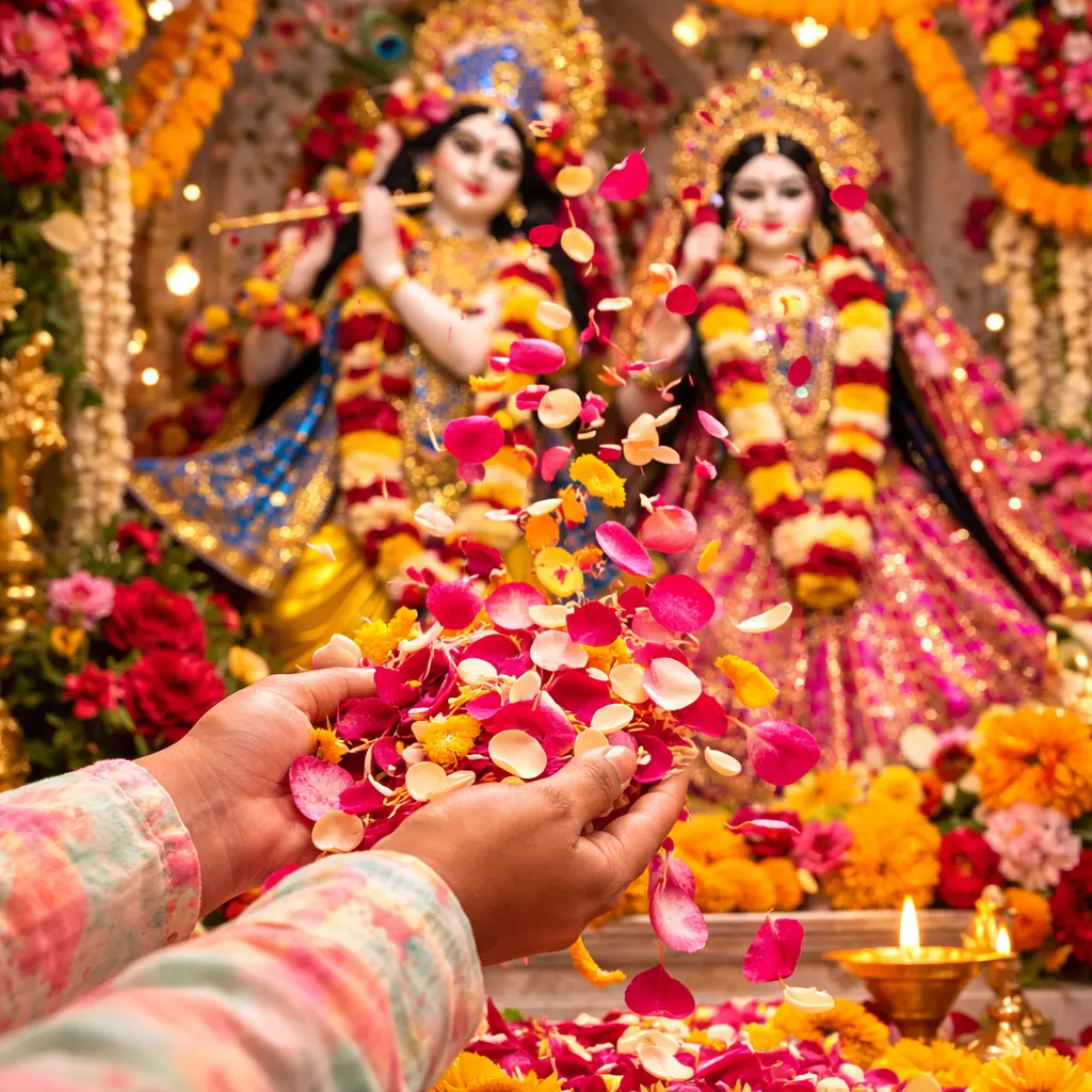 Offering fragrant flower petals to Radha Krishna during Phoolon Ki Holi
