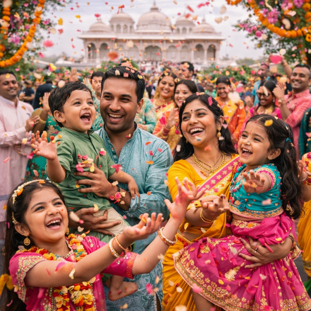 Families and children joyfully celebrating Phoolo