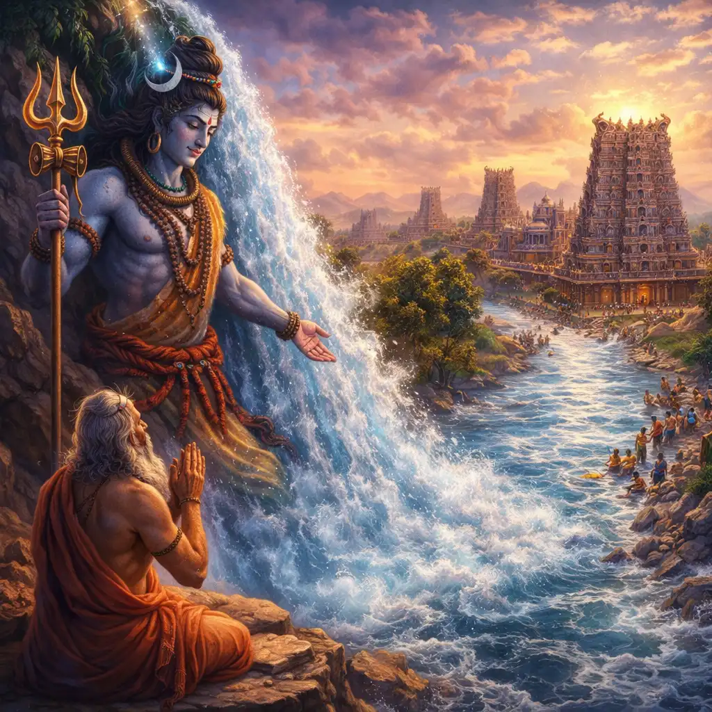 Lord Shiva summons the Vaigai River to Madurai, blessing his devotees with abundance and spiritual grace.