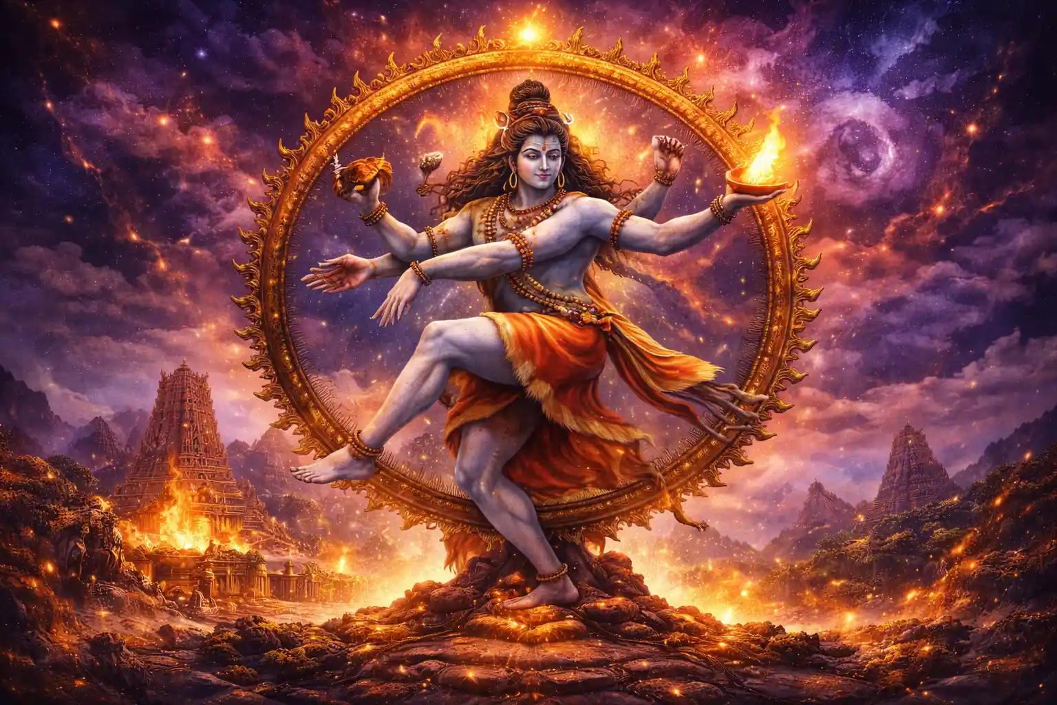 Lord Shiva, the cosmic dancer (Nataraja), performing the Tandava, symbolizing the creation, preservation, and destruction of the universe in a divine display of cosmic energy.