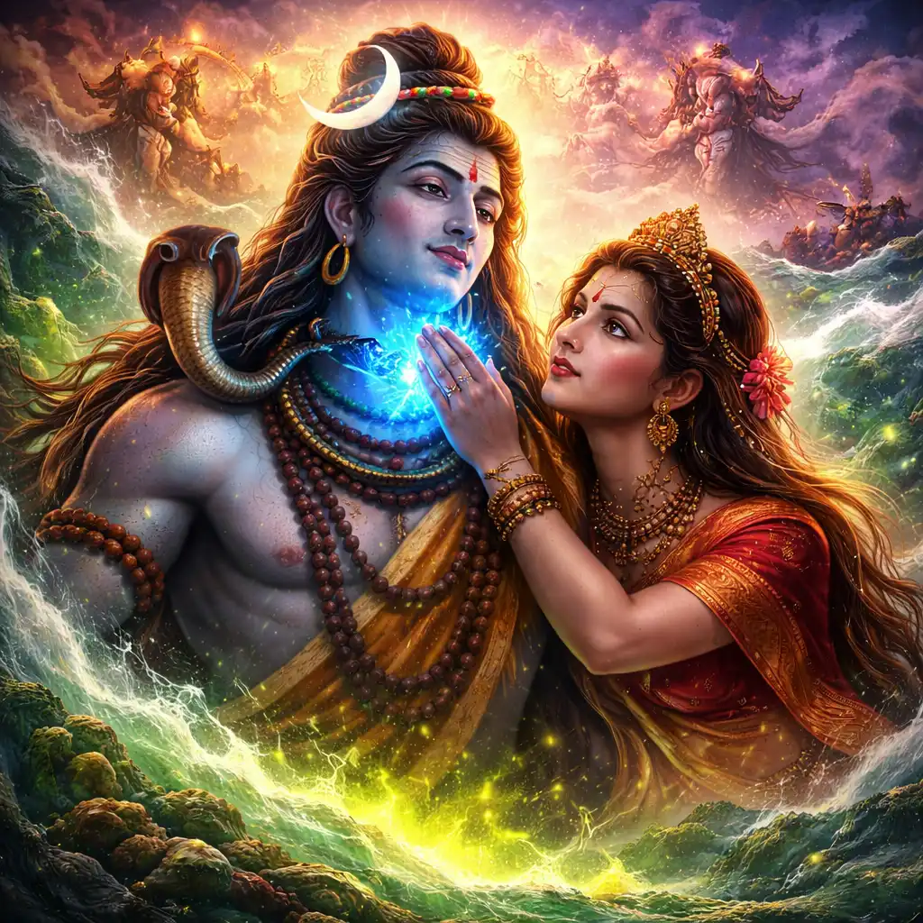 Lord Shiva consumes the deadly Halahala poison to save the cosmos, while Parvati holds his throat to prevent its spread, turning it blue in a powerful act of divine protection