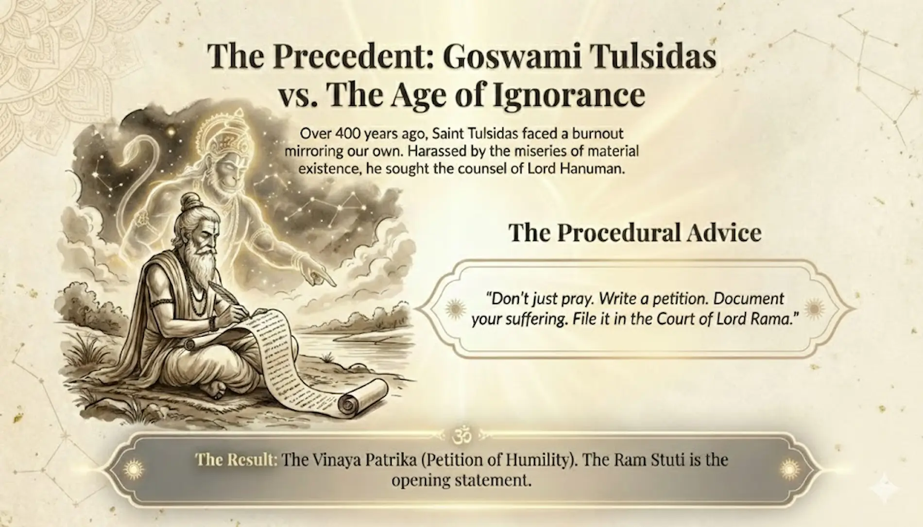 Saint Tulsidas composing Vinaya Patrika with Lord Hanuman blessing him.