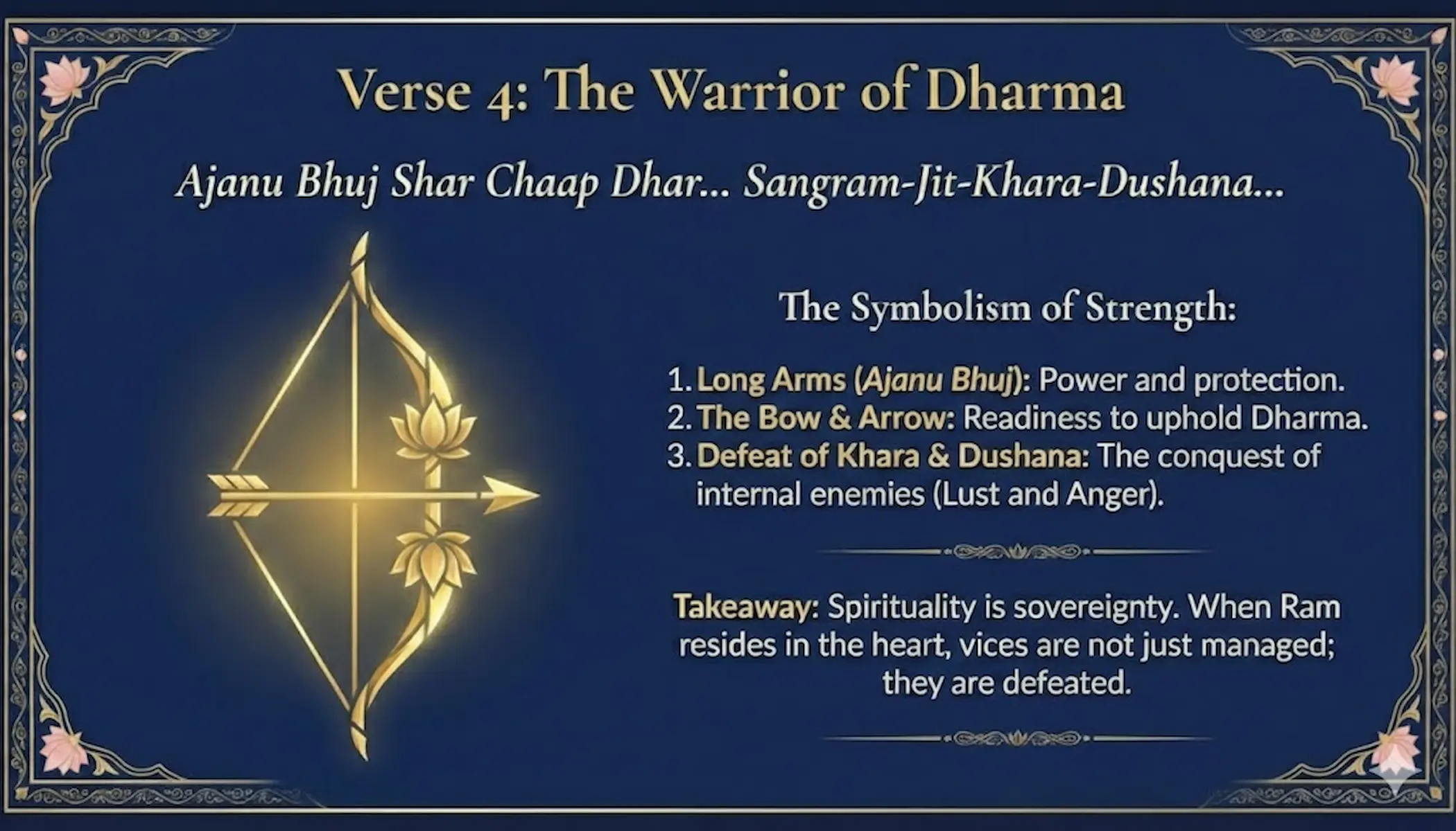 Golden bow and arrow symbolizing Lord Rama’s power to destroy inner enemies.