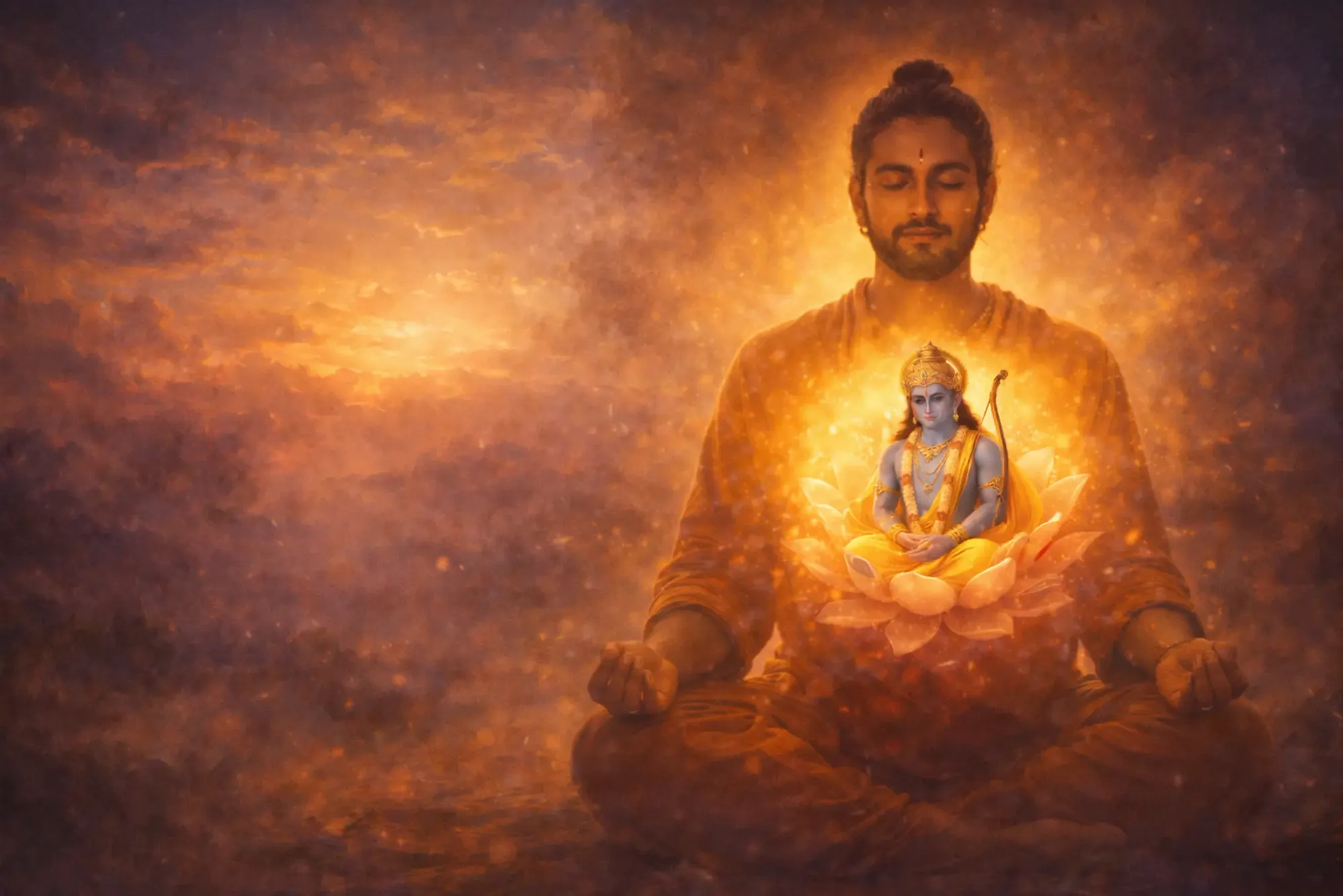 Meditating devotee with Lord Rama glowing inside the lotus heart.