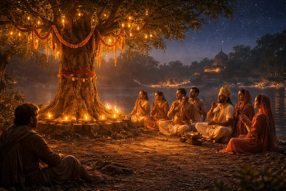 King Chitraratha worshipping sacred Amla tree while hunter listens during Ekadashi Jagran.