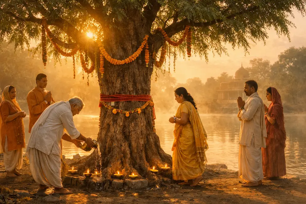 Devotees performing Amalaki Ekadashi worship around decorated Amla tree at sunrise.
