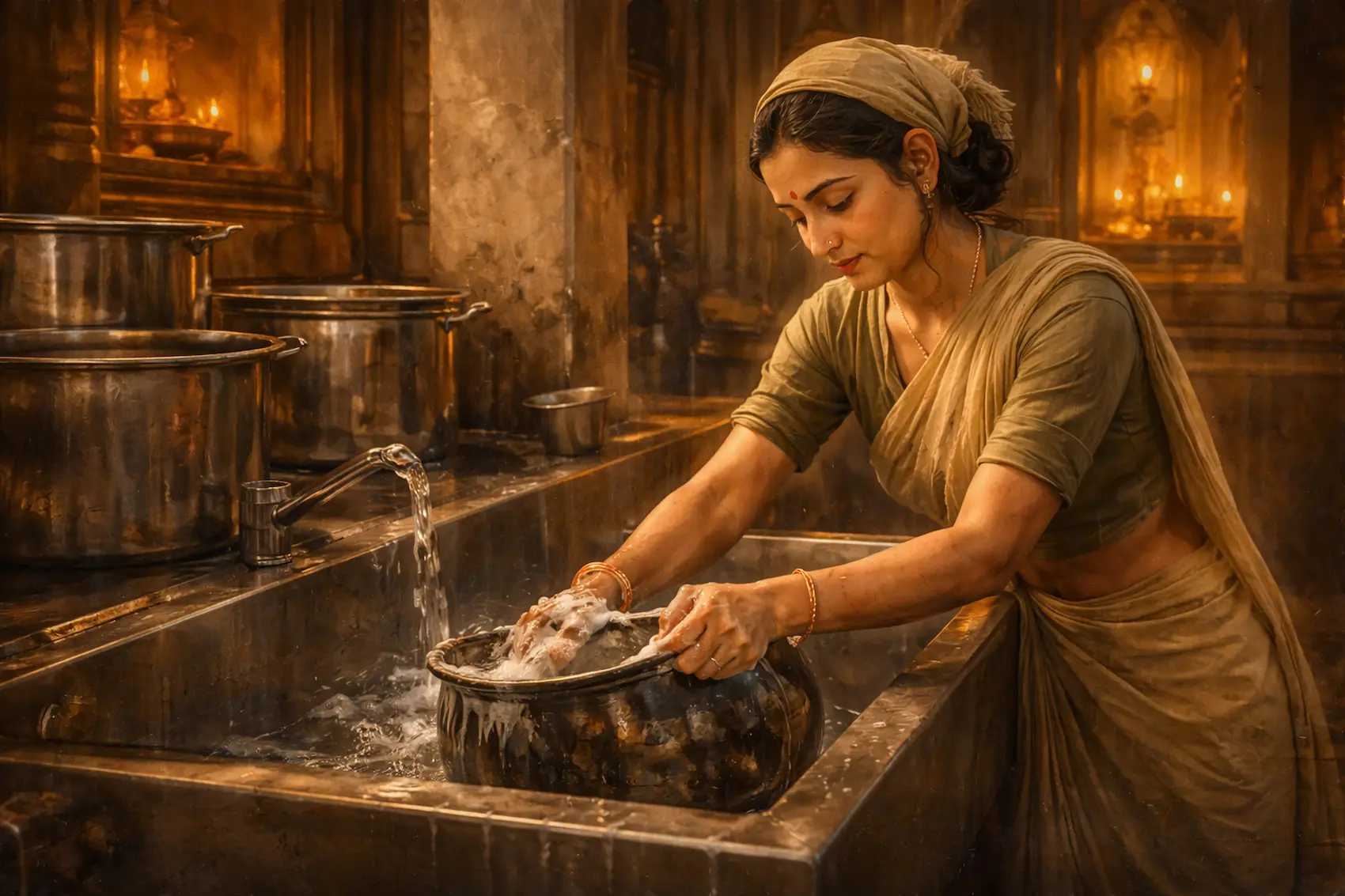 Temple kitchen seva - inspired by Bhagavad Gita teaching on service.