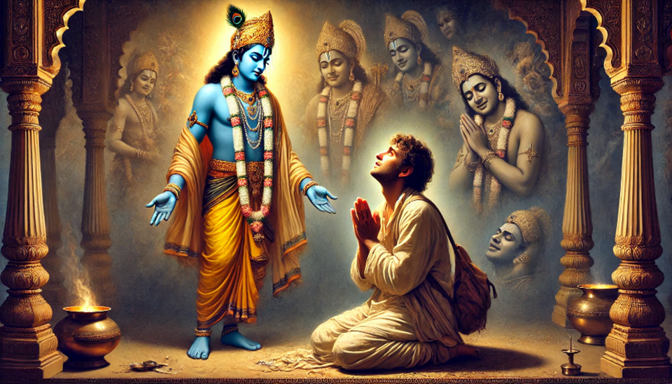 A person kneeling in prayer with a blue figure in front of him

Description automatically generated