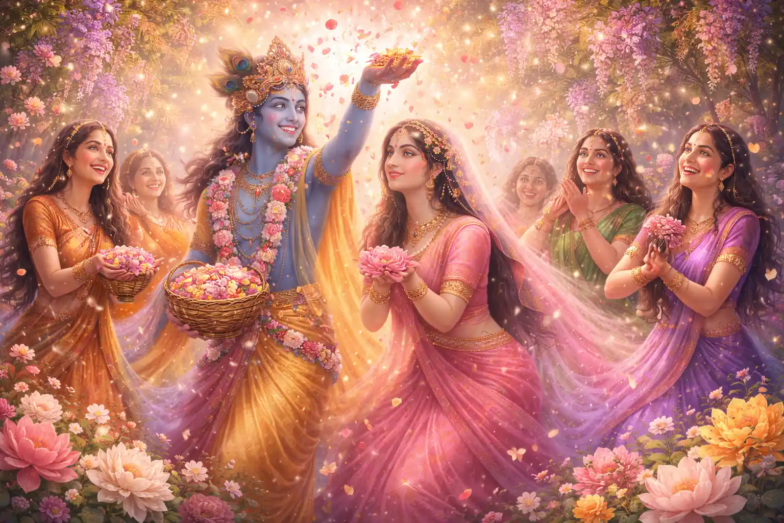 The origins of Phulera Dooj are rooted in the enchanting leelas of Lord Krishna and Radha Rani in Vrindavan.