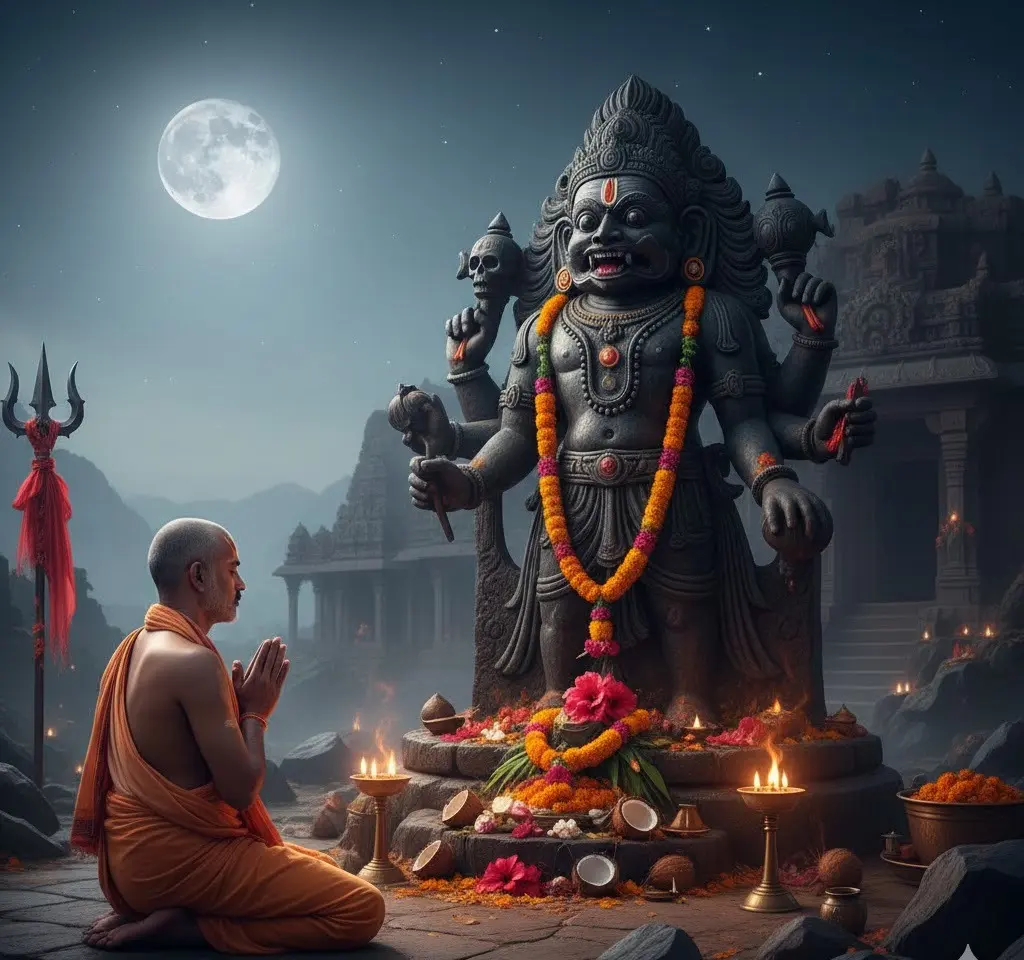 A monk prays before a fierce, multi-armed Hindu deity statue under a full moon.