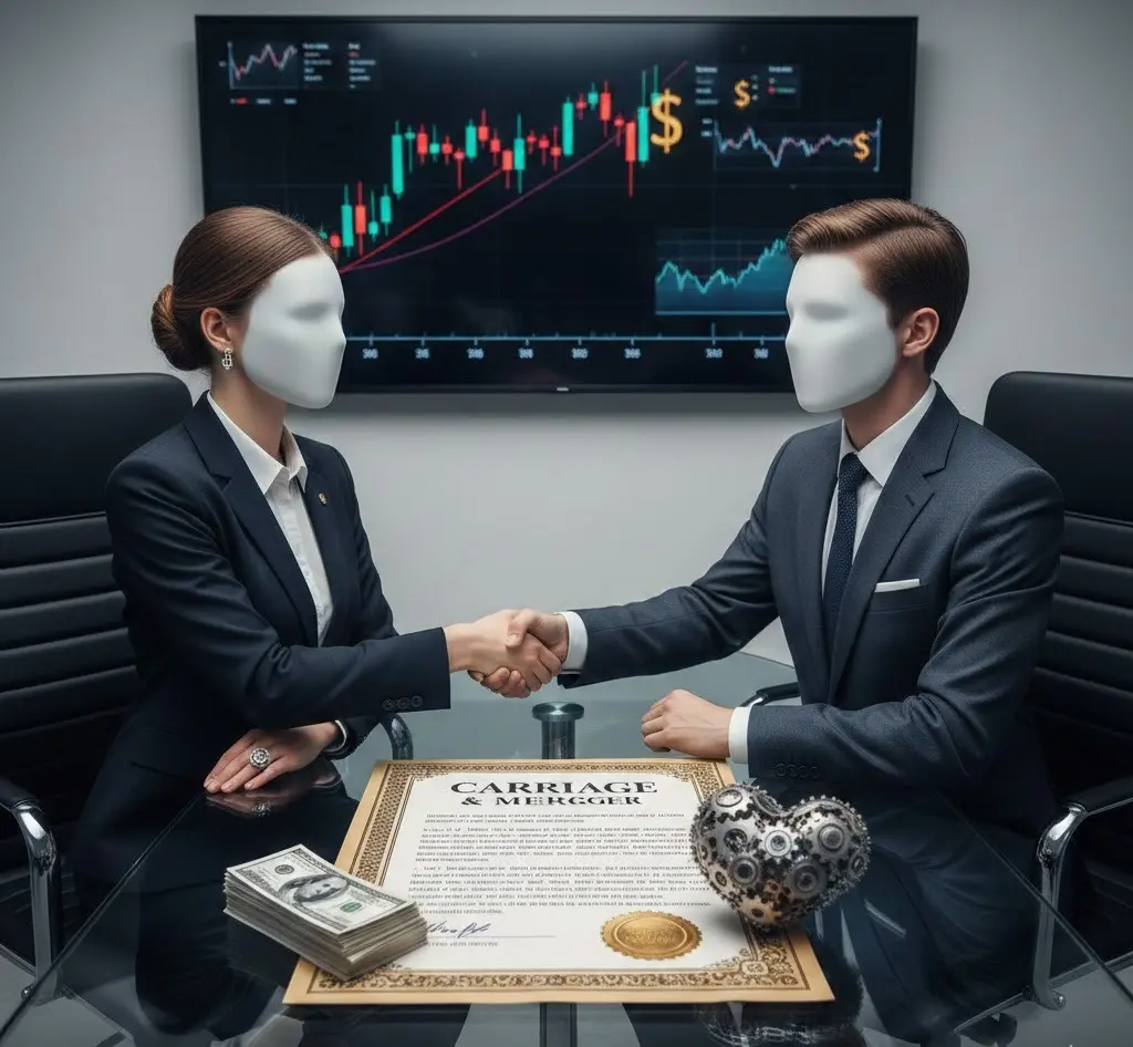 Two faceless businesspeople shaking hands over merger contract with cash and stock market chart in background.