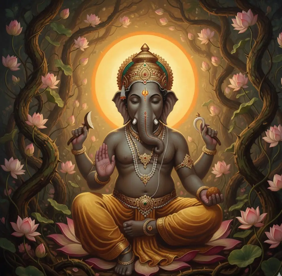  Ganesha amidst lotus flowers.