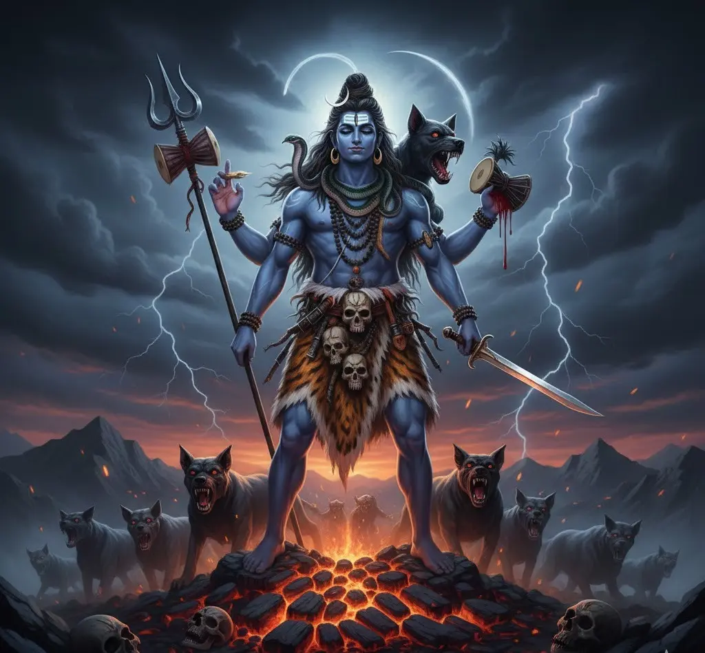Lord Shiva as Bhairava with four arms, a sword, and wolves on a burning cremation ground.