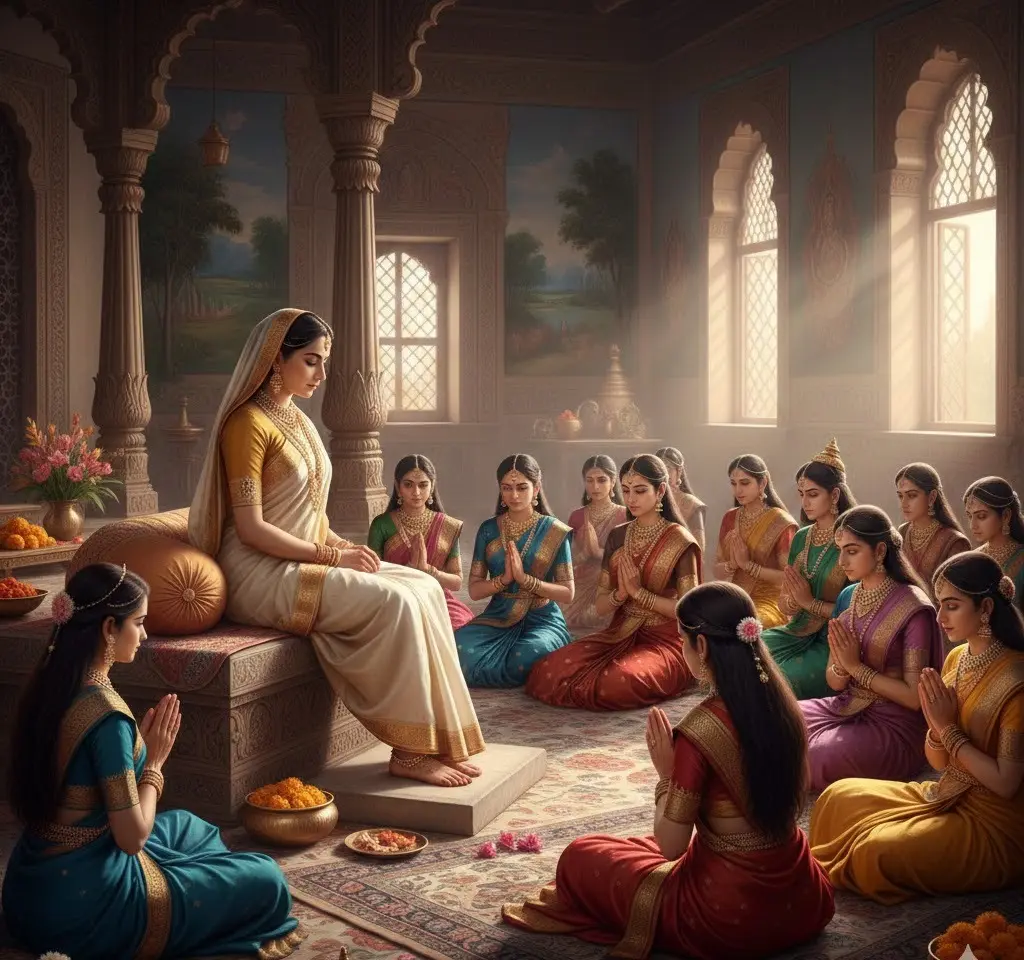 Radhaji  in traditional attire seated on platform, surrounded by queens of Dwarka praying in ornate palace hall.