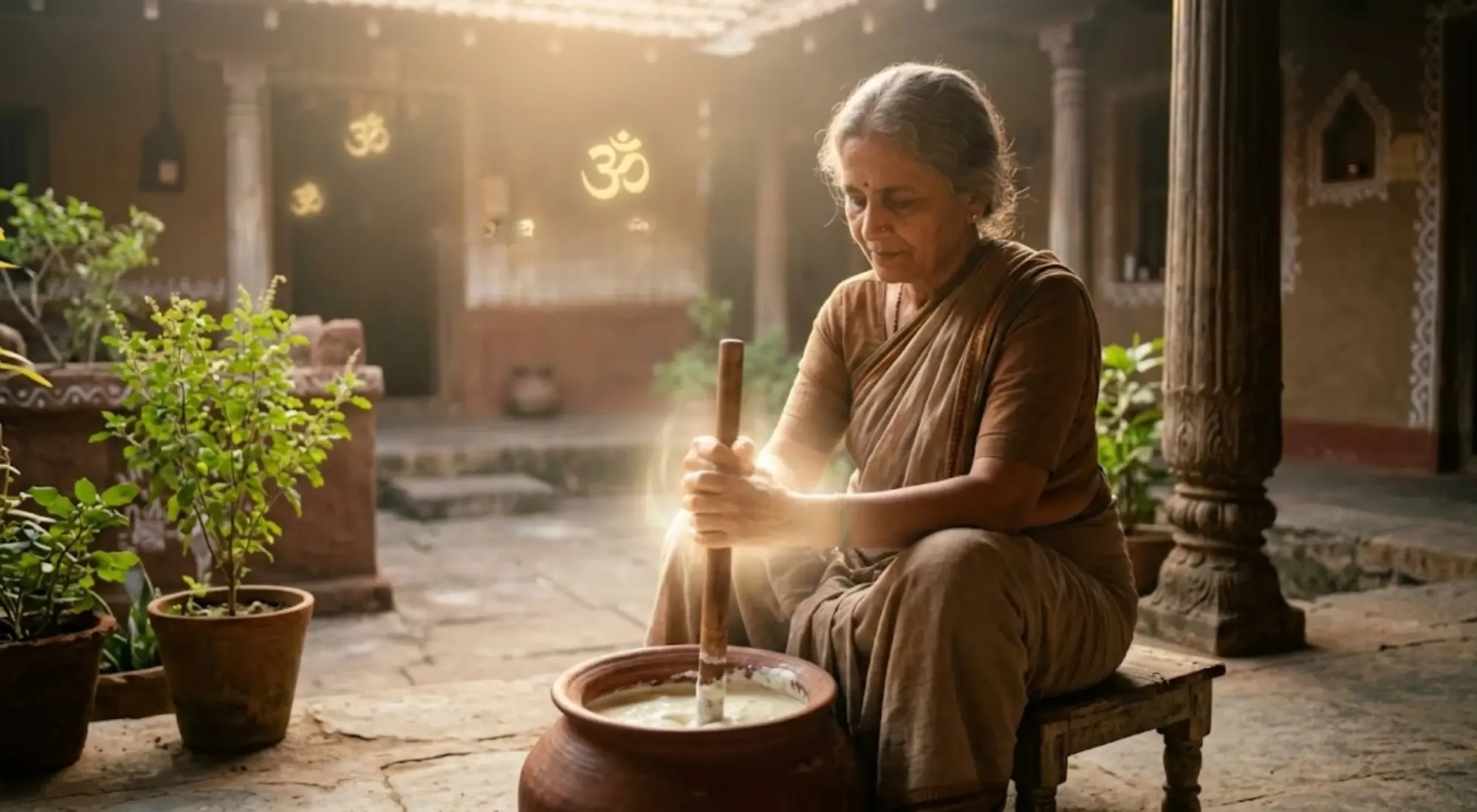 An old county side lady churning curd in front yard of her house.