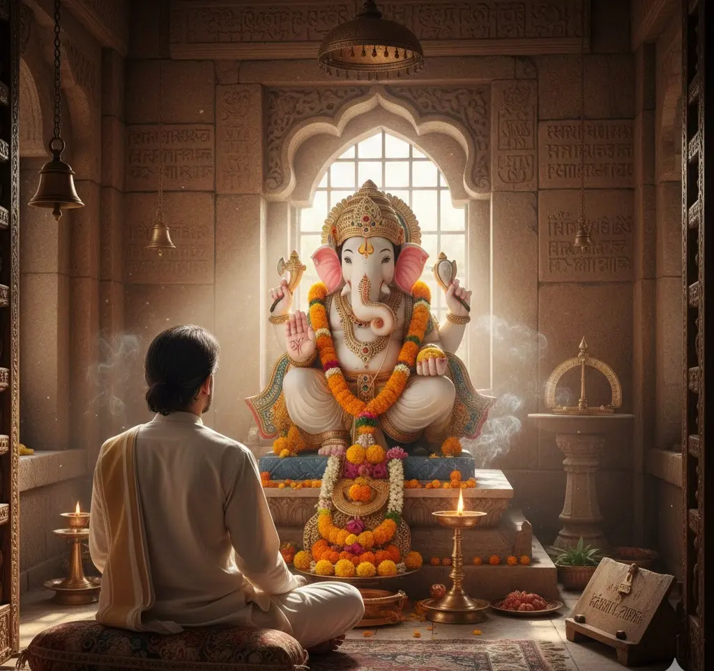 A man sits in prayer before a white statue of Lord Ganesha in a temple.