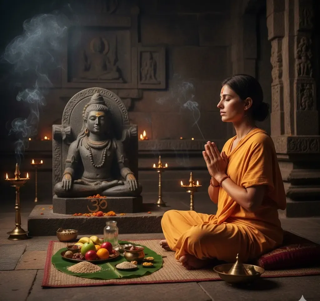 A woman in orange robes meditates before a Lord Shiva statue in a candlelit temple.