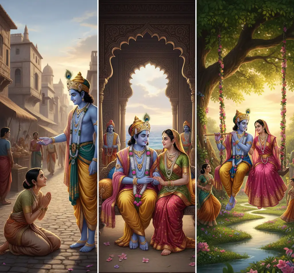 Three scenes of Krishna blessing Kubja, seated with Rukmani , and swinging together with Radhaji in Vrindavan.