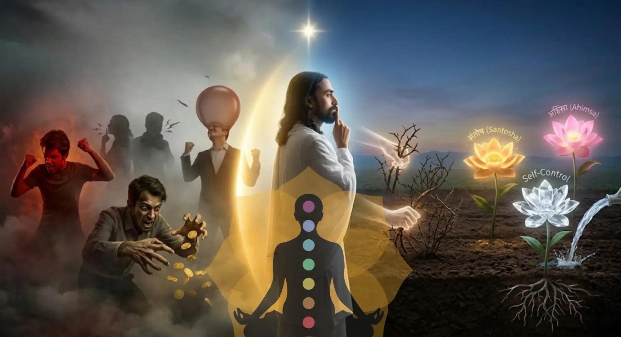 A split image showing transformation through power of Sattvic Thoughts and Emotions