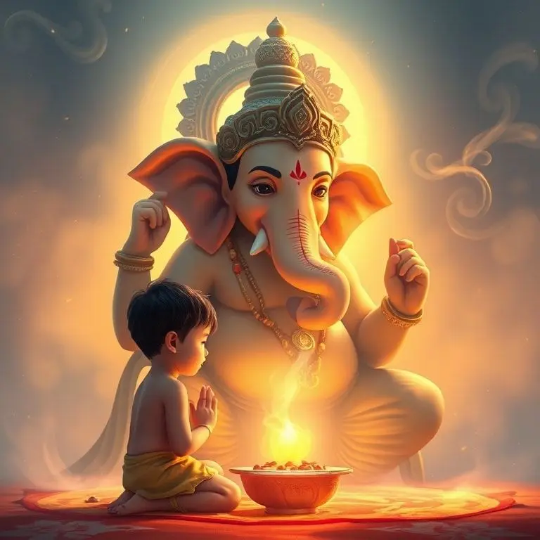 A small boy worshiping Lord Ganesha