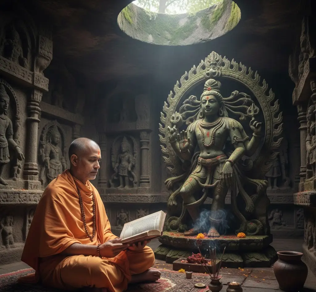 A monk finds quiet devotion and ancient wisdom within a sunlit rock-cut temple.