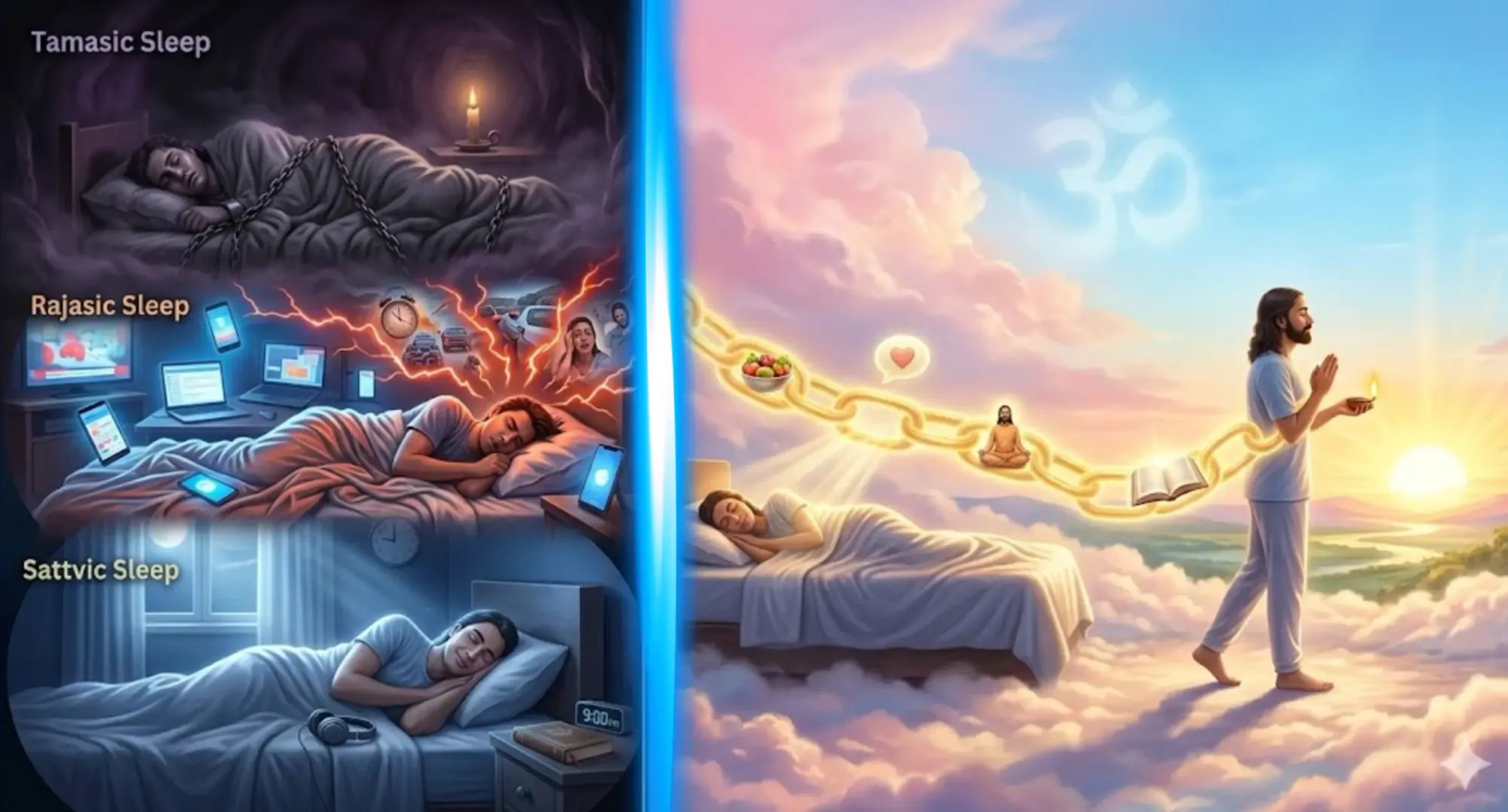 A golden chain uplifting a person through power of sattvic lifestyle