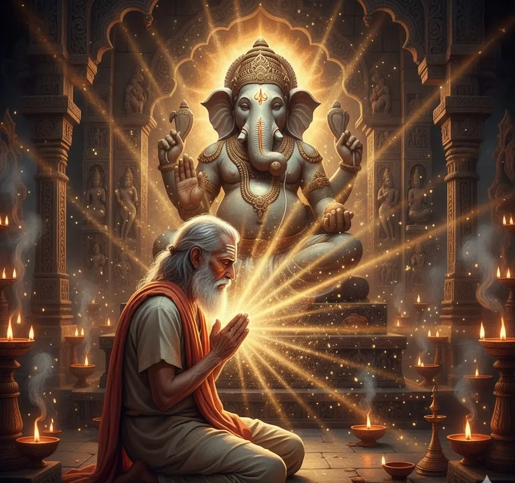 An elderly man prays before a radiant Lord Ganesha statue in a glowing stone temple.