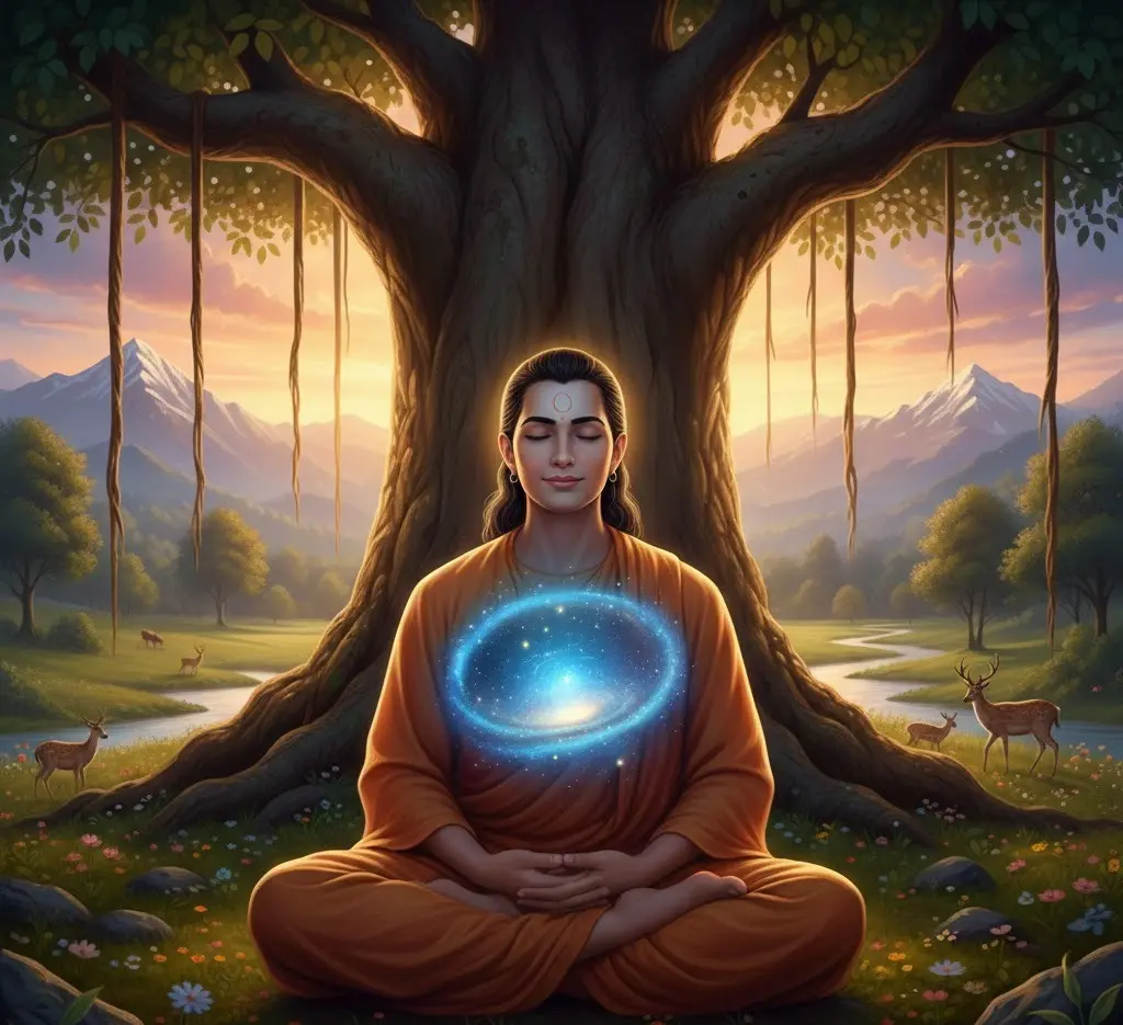 Meditating figure under tree with glowing galaxy at chest, mountains and deer in background.