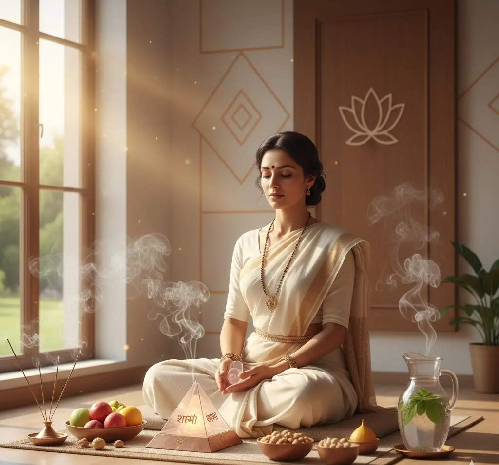 Woman meditating with incense and fruit.