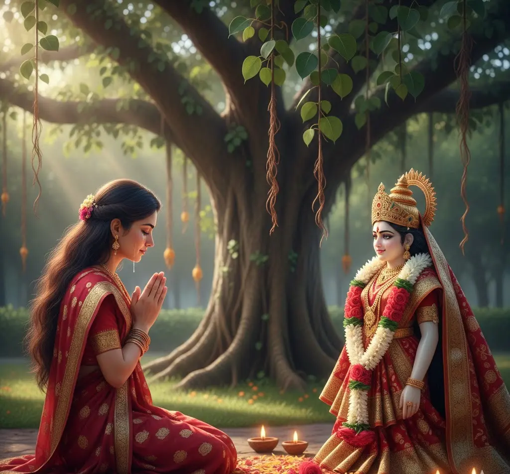 A devotee praying in front of Radhaji in Beautiful landscape